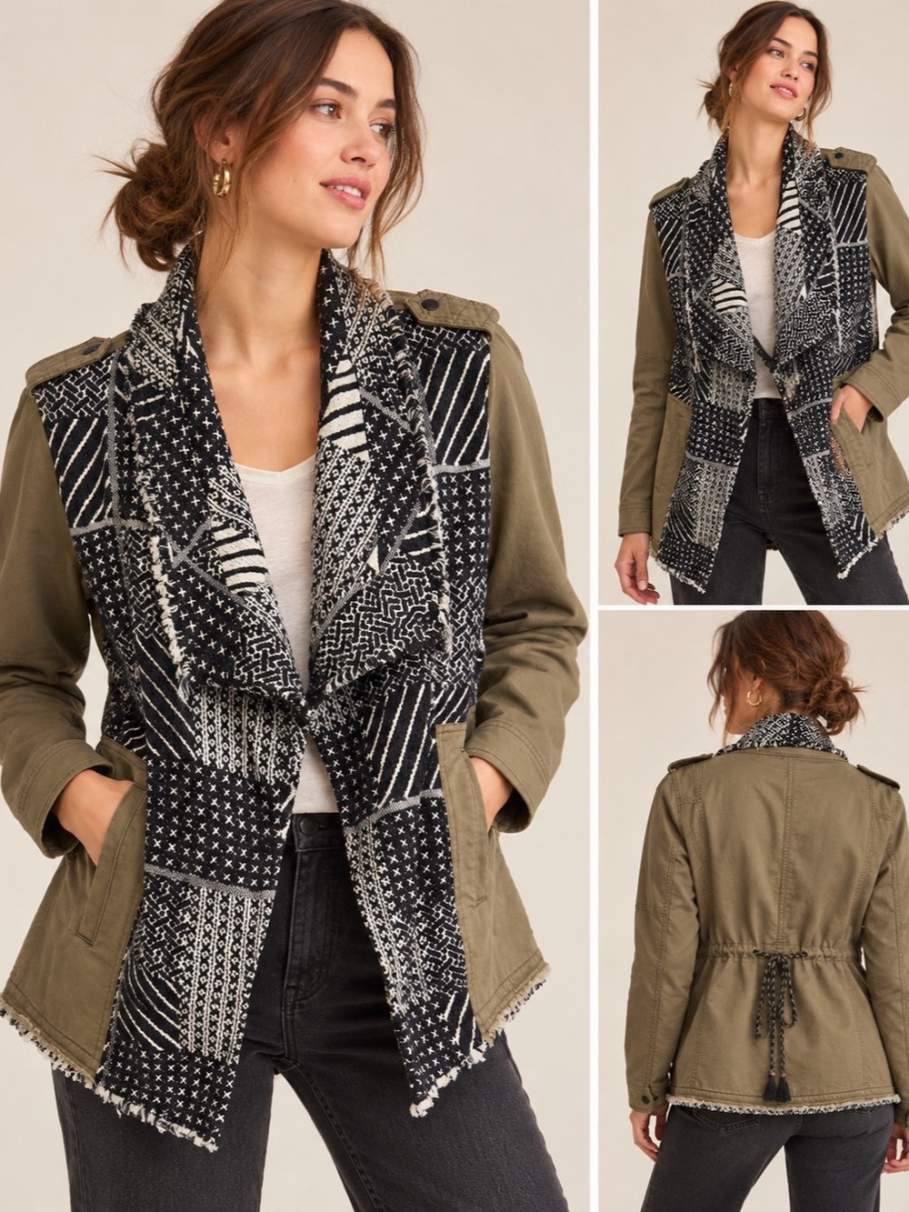 Anthropologie Hei Hei Patchwork Woven Utility Jacket Boho Military S EUC